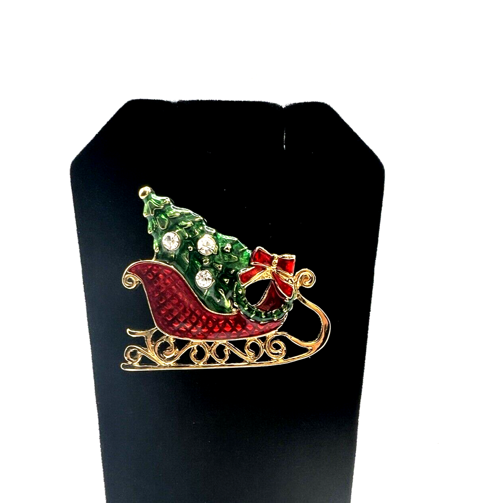 Eisenberg Ice Christmas Sleigh Brooch W Tree Wreath Gold Enamel Rhinestones 26$